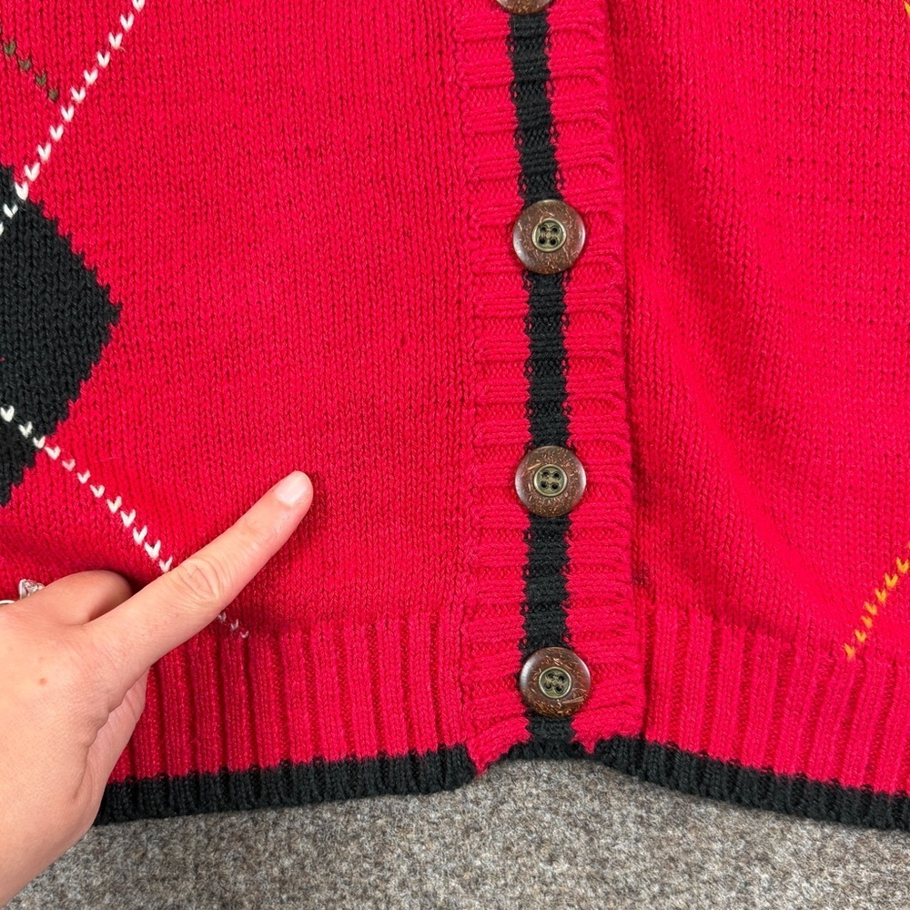 Vintage 90s Red Argyle Diamond Deep V-Neck Cardigan Sweater Women S Teacher Core - Picture 6 of 14